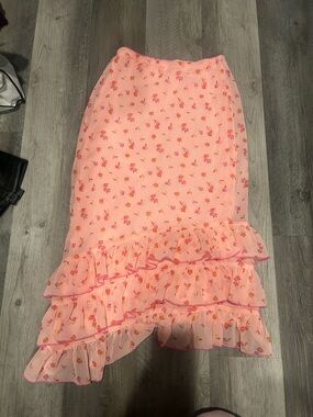 Floral Pink Tiered Ruffle Midi Skirt